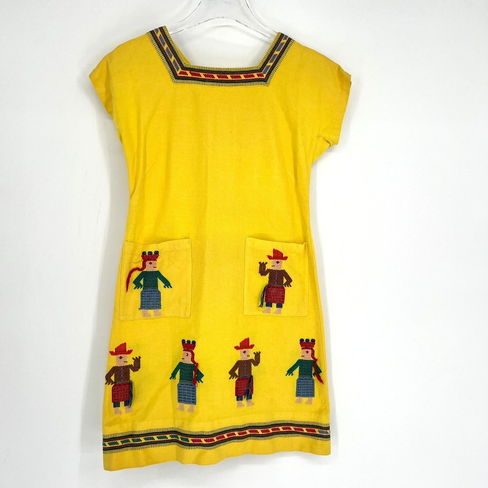 Vtg Mayan Modern Guatemala Dress‎ Womens 8 Yellow Embroidered People Boho